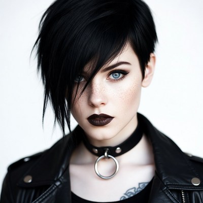 Woman with black pixie haircut and choker