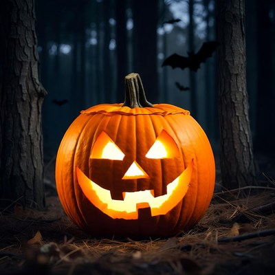 Jack-o'-lantern in dark forest