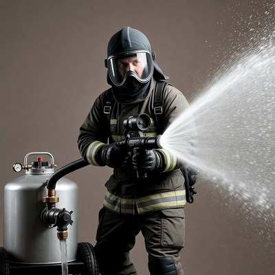 Firefighter spraying water from hose
