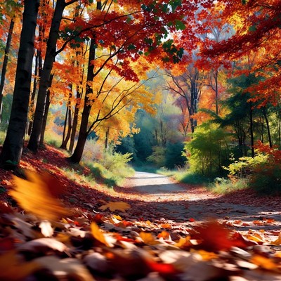 Autumn Forest Path with Falling Leaves