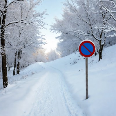 No Entry Sign on Snowy Forest Path