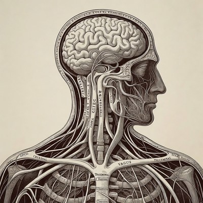 Anatomical Man Head Brain Nerves Illustration
