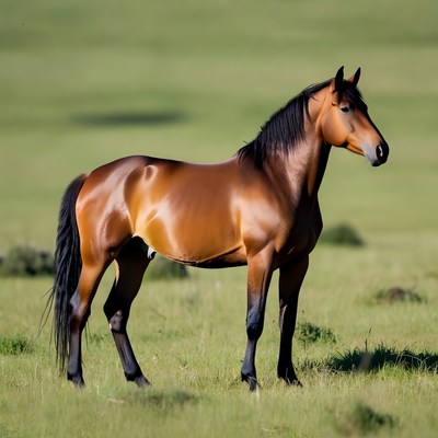 Bay horse standing in green field