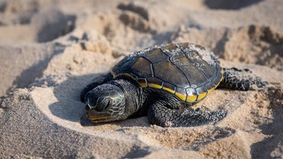Baby sea turtle on beach sand