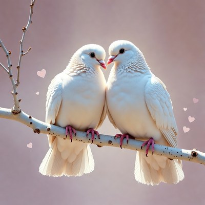 Two white doves kissing on branch
