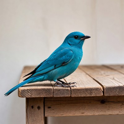 Blue bird perched on wooden table