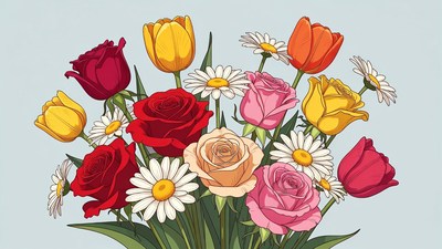 Colorful Tulips and Roses Bouquet Illustration