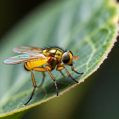 Yellow hoverfly on green leaf
