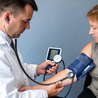 Doctor checking woman's blood pressure