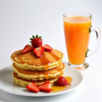 Pancakes with Strawberries and Orange Juice