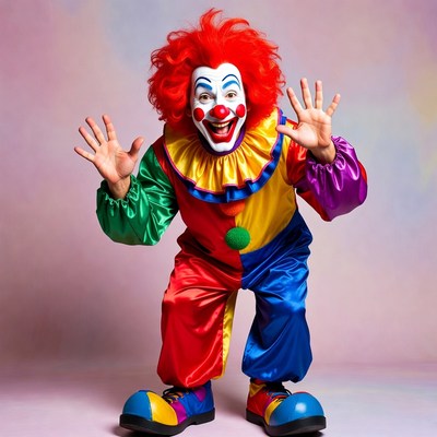 Clown with hands raised excitedly