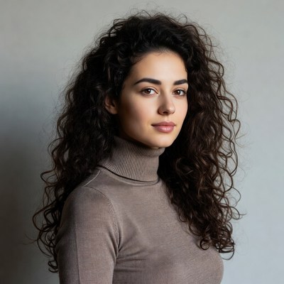 Woman with curly hair in turtleneck
