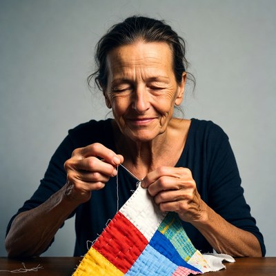 Elderly woman sewing colorful quilt
