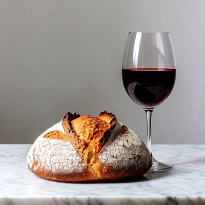Bread loaf with red wine glass