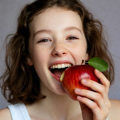 Girl biting red apple