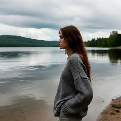 Woman gazing at lake in mountains