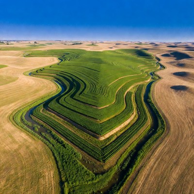 Aerial View of Terraced Green Fields