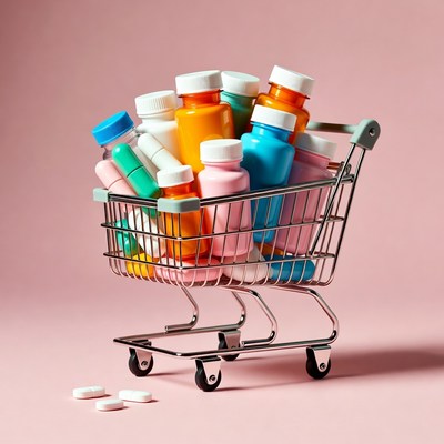 Shopping Cart Filled with Colorful Pills