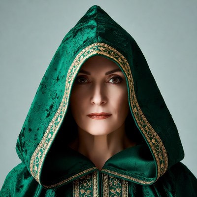 Woman in green hooded cloak