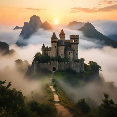 Medieval Castle on Mountain at Sunset