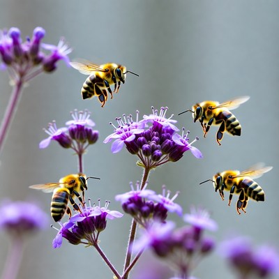 Bees Pollinating Purple Flowers