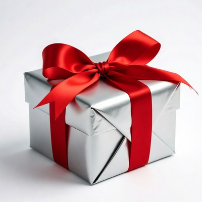 Silver gift box with red ribbon