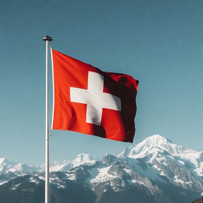 Swiss Flag on Pole with Snowy Mountains