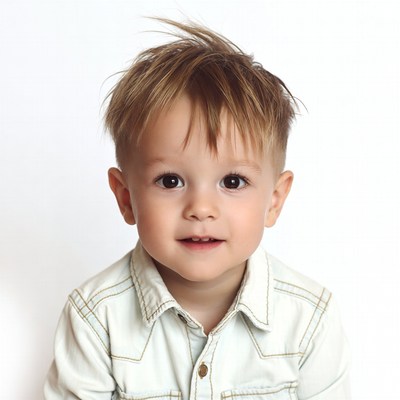 Smiling toddler boy in white shirt