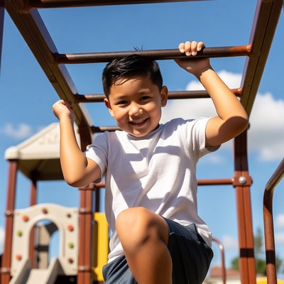 Asian boy climbing playground monkey bars