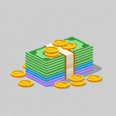Stack of Colorful Cash and Gold Coins