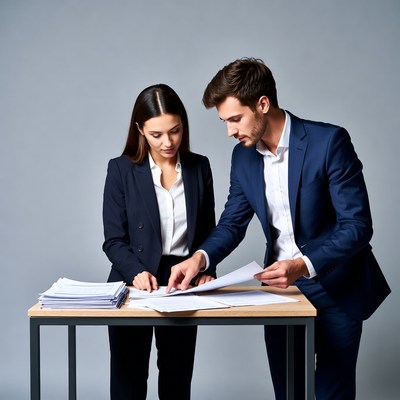 Businesswoman and businessman reviewing documents
