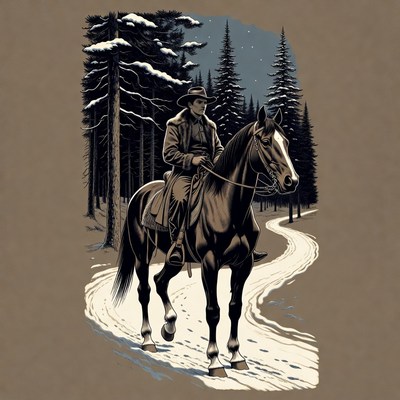 Cowboy riding horse in snowy forest