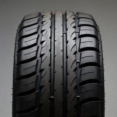Black car tire on gray background