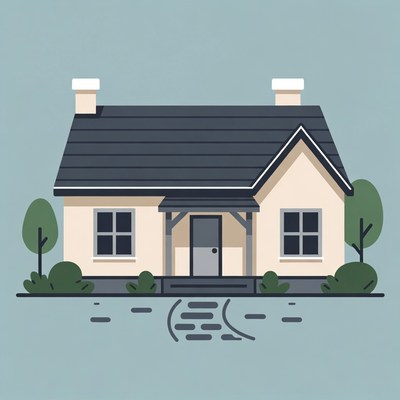 Cartoon House with Chimneys and Trees