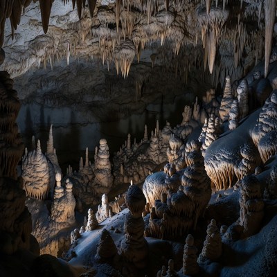 Stalactites in Illuminated Cave