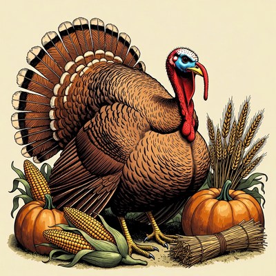 Turkey with Pumpkins and Corn