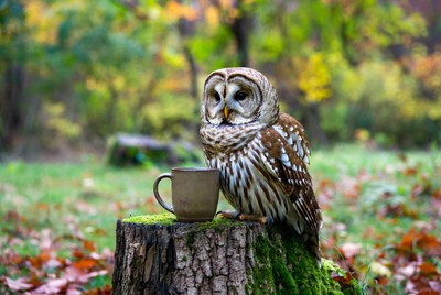 Barred Owl Perched on Mossy Stump with Mug