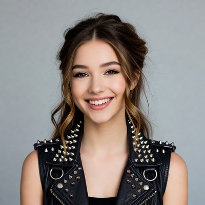 Smiling woman in studded leather vest