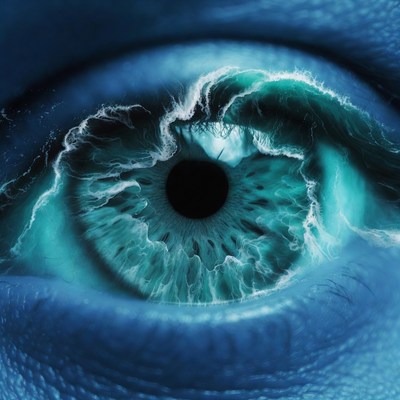 Blue eye with crashing ocean waves