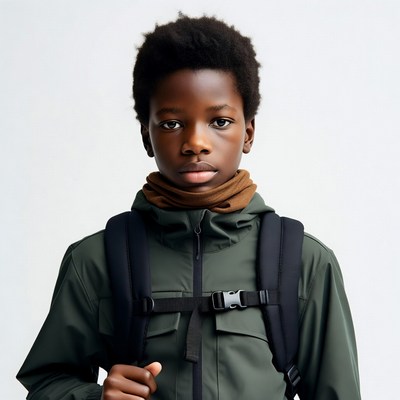 African-American boy in green jacket backpack