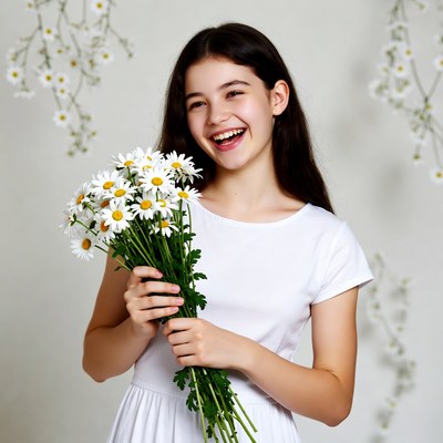 Girl holding daisies smiling
