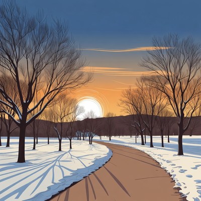Winter Sunset Path Through Snowy Trees