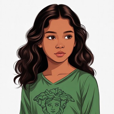 Young woman in green Versace shirt