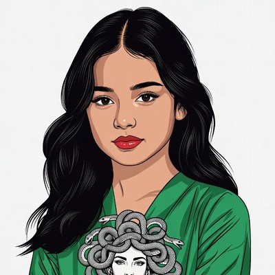 Asian woman with Medusa snakes on green shirt