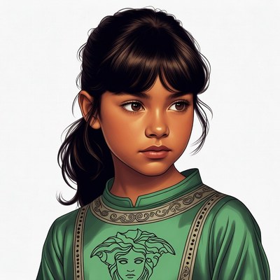 Young Asian girl in green Versace shirt