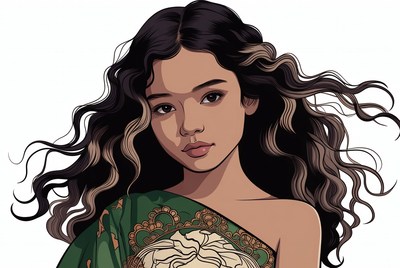 Asian girl in green ornate dress