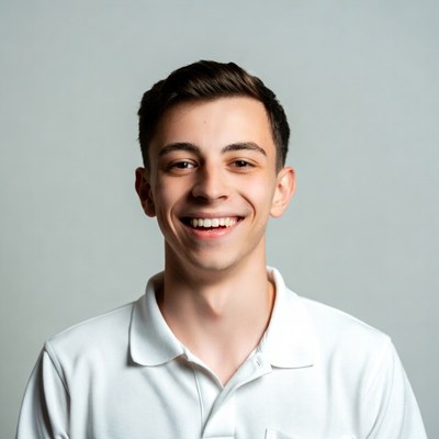 Smiling young man in white polo