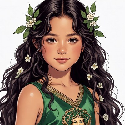 Girl with flowers in green dress