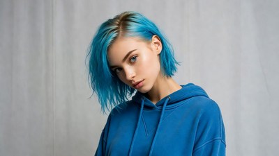 Woman with blue hair in hoodie