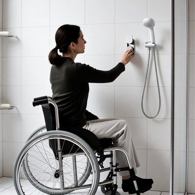 Woman in wheelchair using shower control